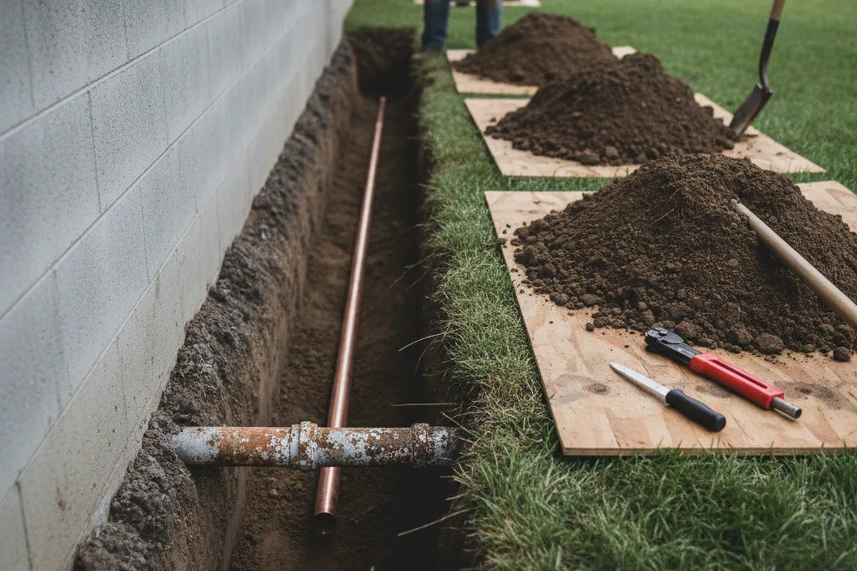 Excavated water line trench during Sewer Line Repair in Chadds Ford